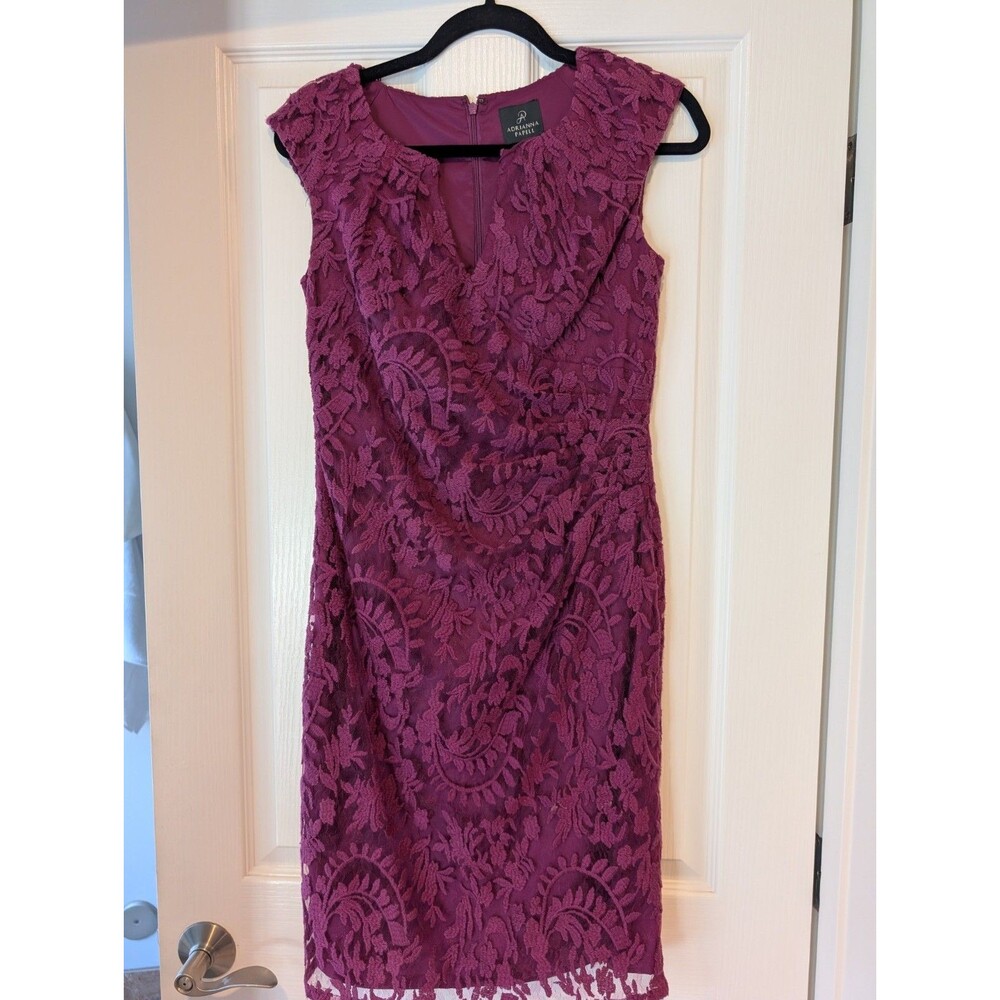 Adrianna Papell Dress Womens Size 4 Cap Sleeve Lace Sheath Floral Ruched Elegant
